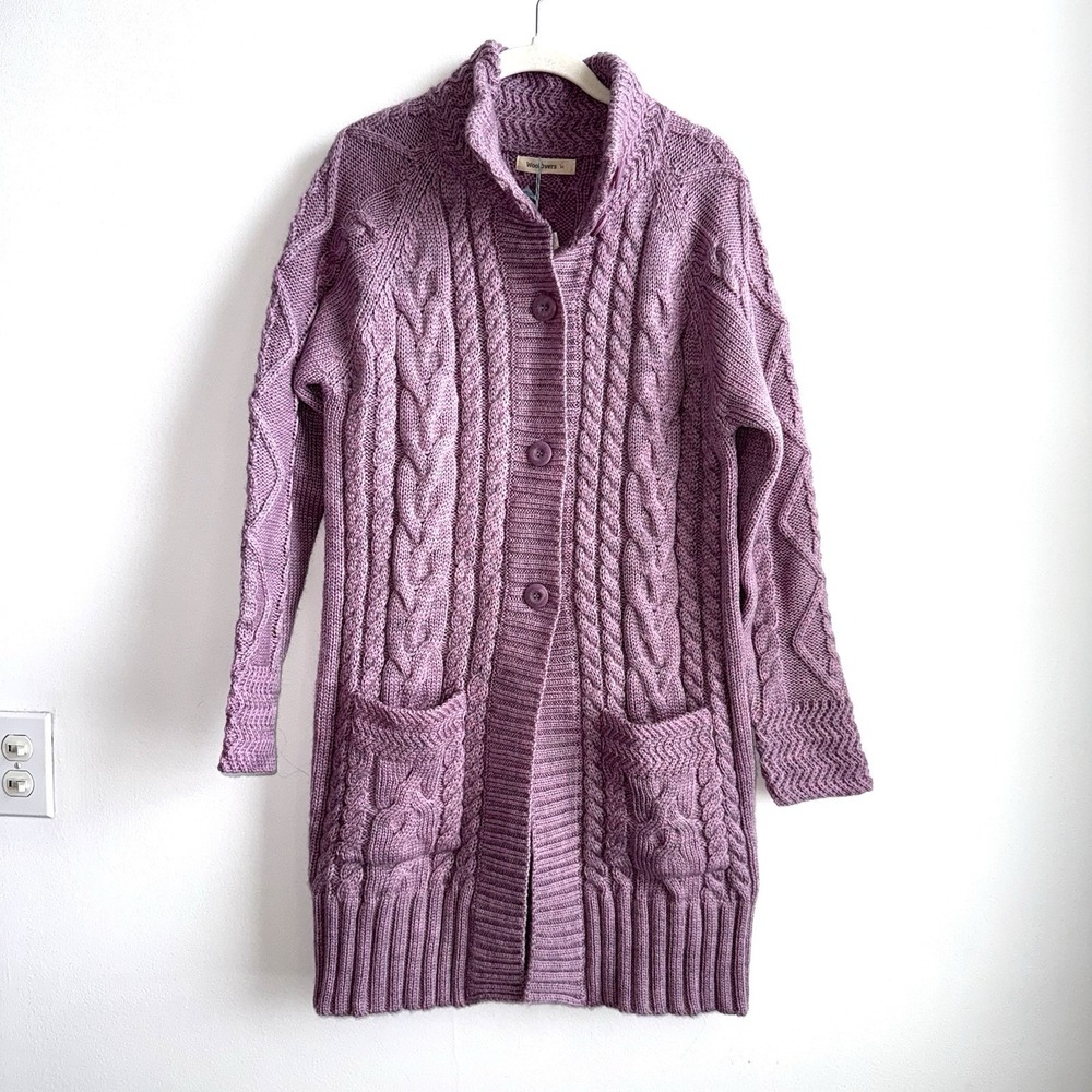 Woolovers Womens 100% Wool Long Cardigan Purple Size Medium Aran Button